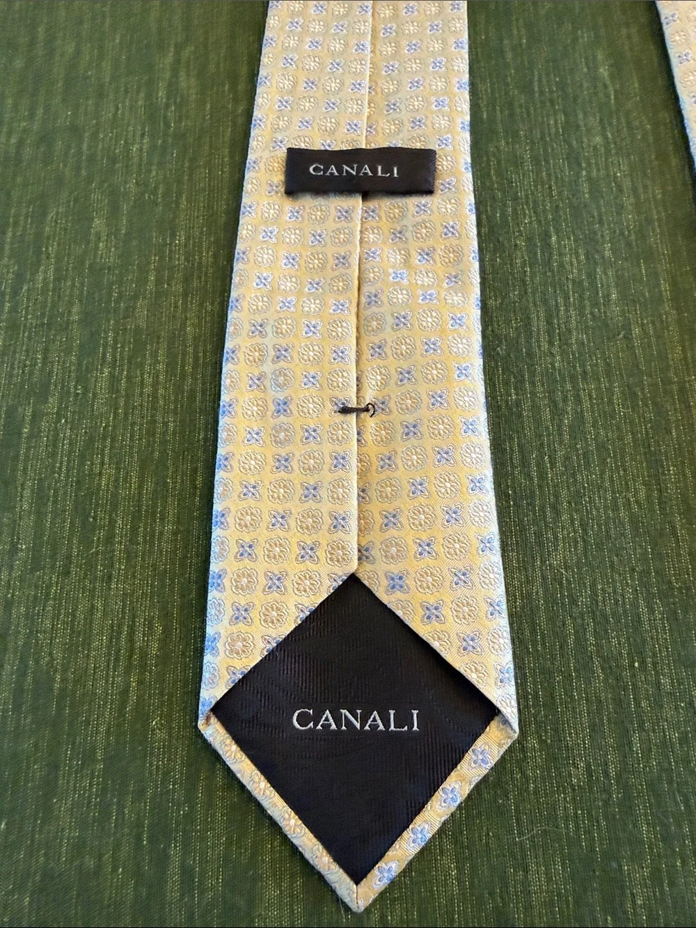 Canali Light Yellow Silk Tie with Blue Motif